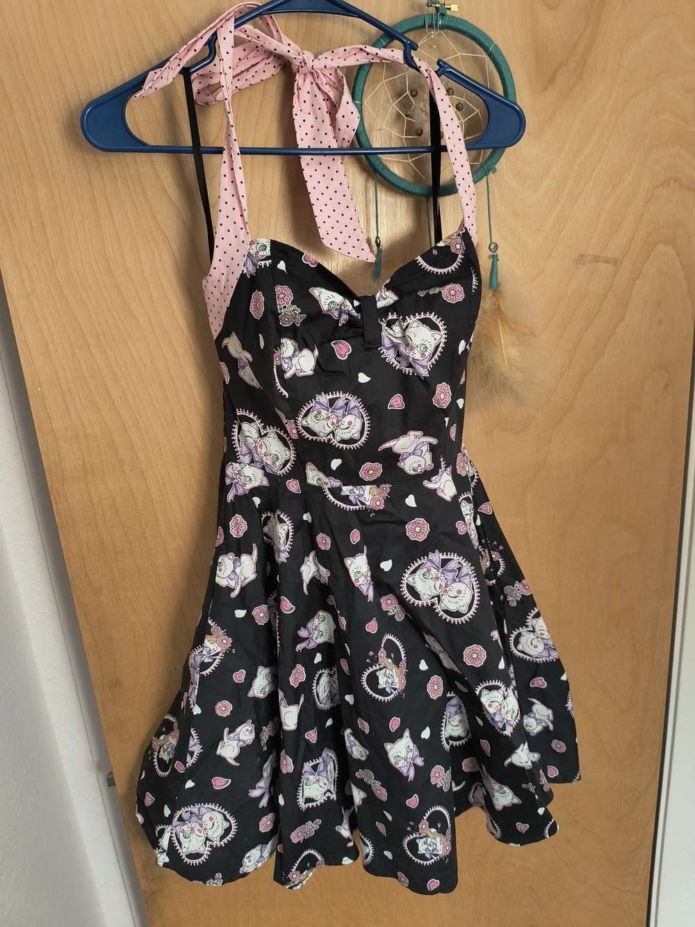 Hell Bunny Black Dress with Pink Polka Dot Halter and Cat Print